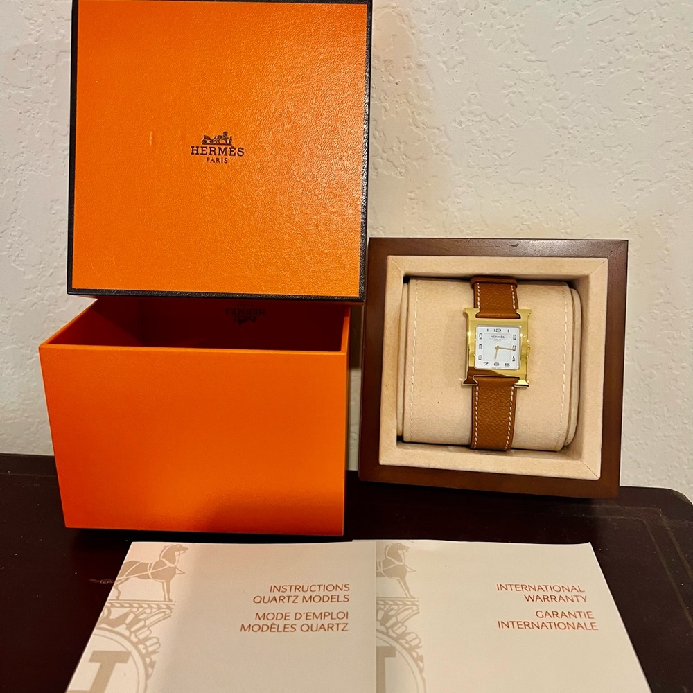 Authentic Hermès Heure H 21MM Goldplated & Leather Strap Watch